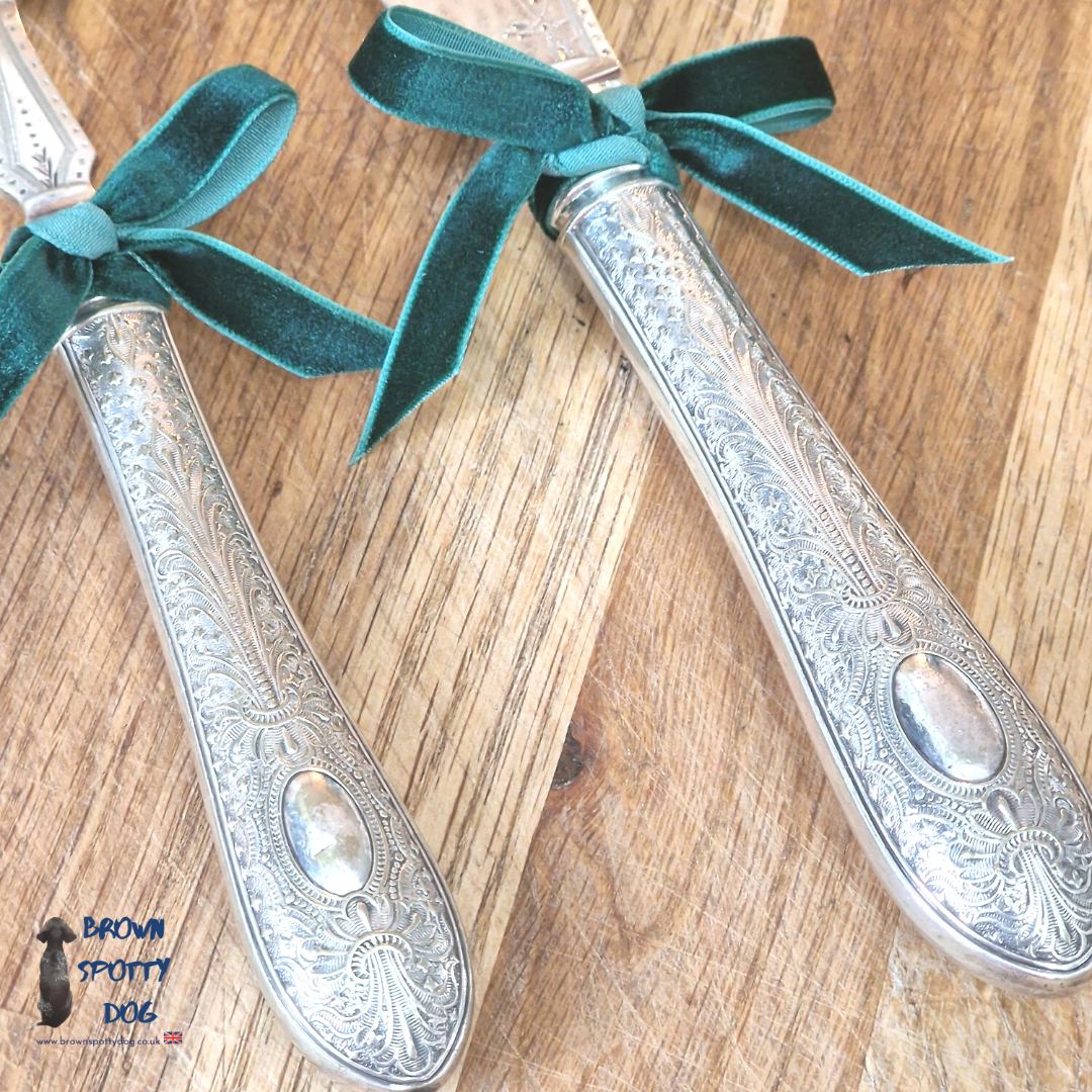 Vintage Silver Plate Wedding Cake Knife and Fork Serving Gift Set