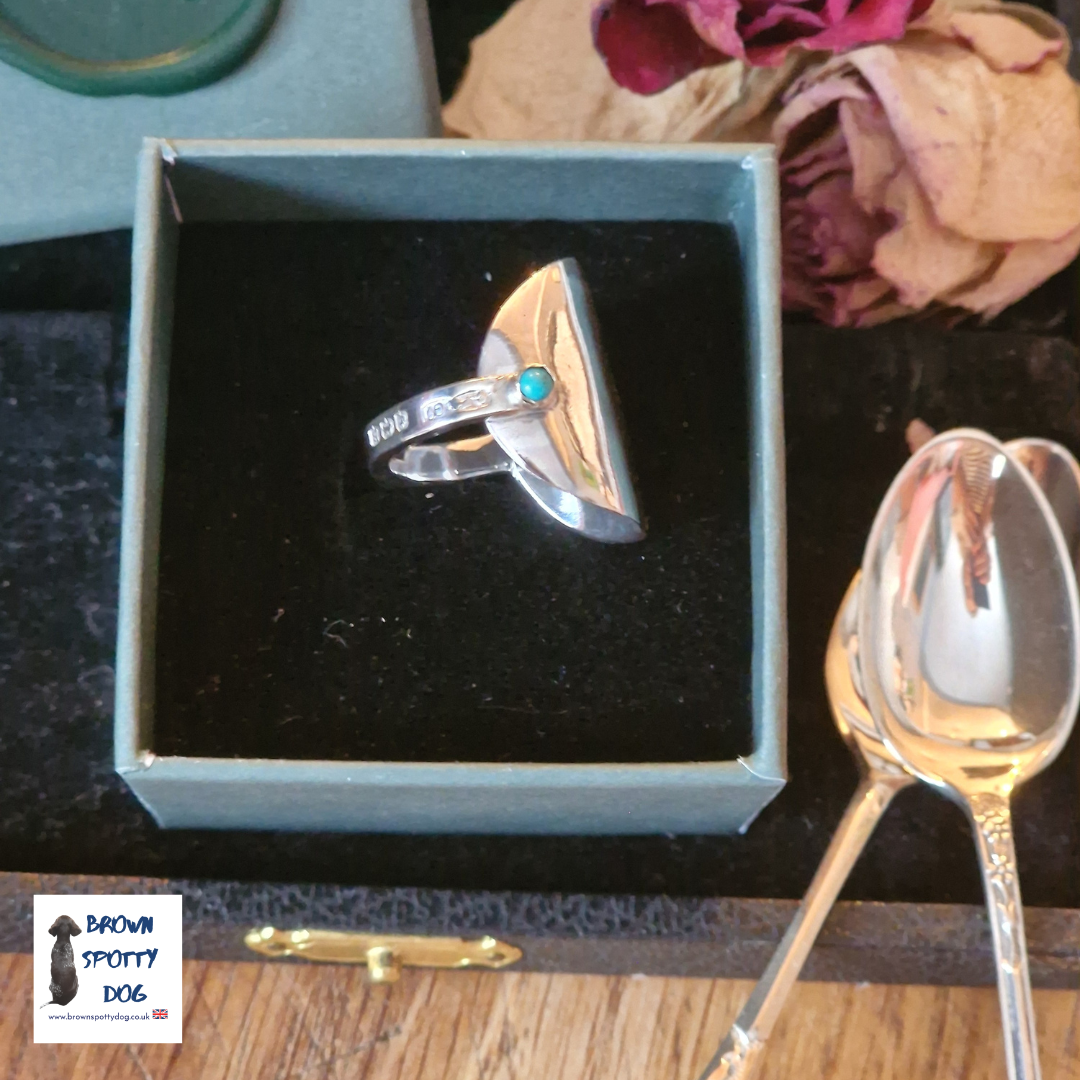 Birmingham 1926 Antique Silver Spoon Ring with 14ct Gold Turquoise Stone Setting, complete with Change of Use Certification - A1037