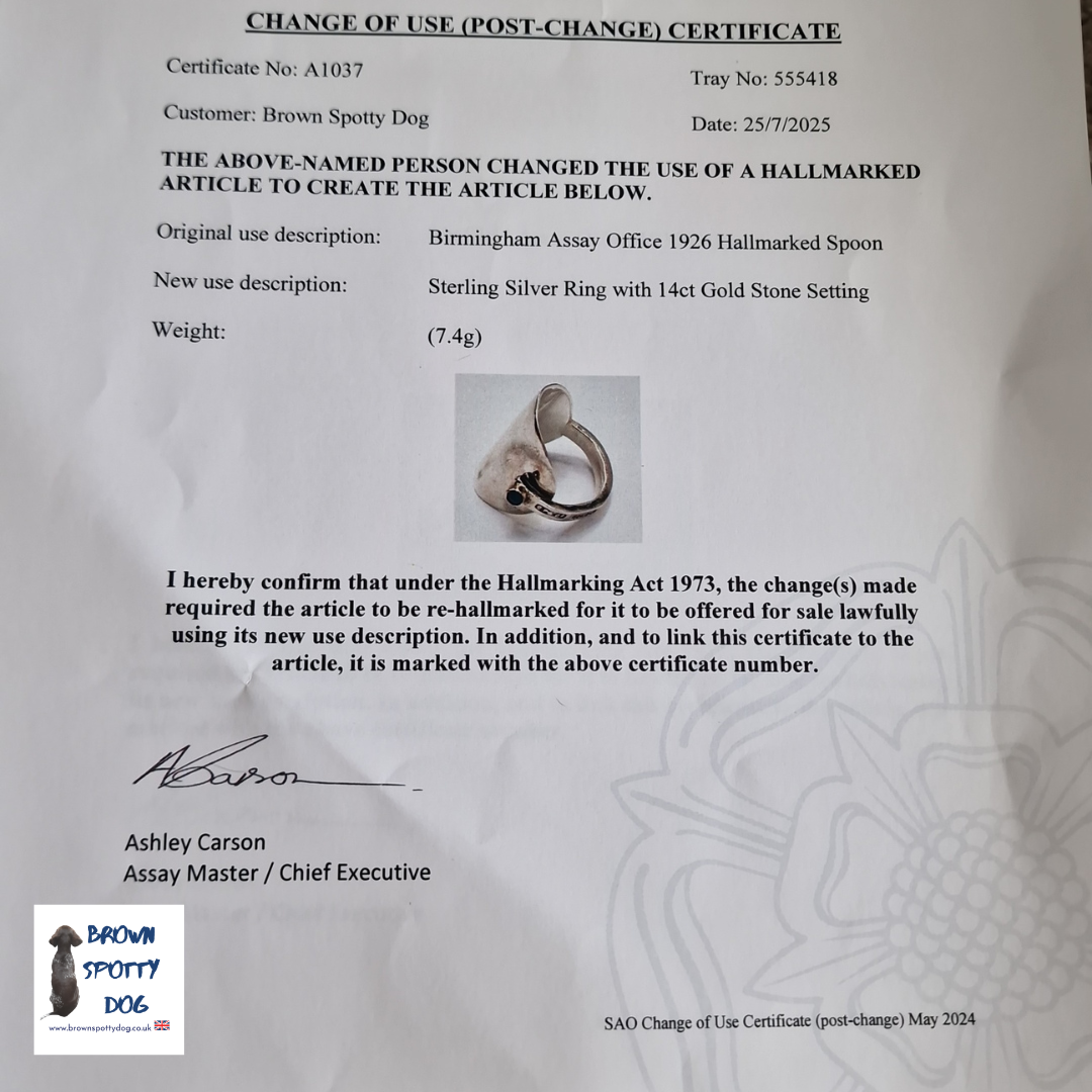 Birmingham 1926 Antique Silver Spoon Ring with 14ct Gold Turquoise Stone Setting, complete with Change of Use Certification - A1037