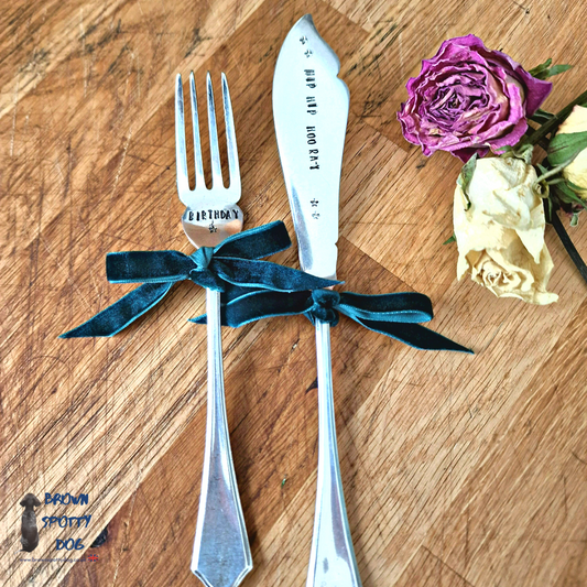 "Birthday, Hip, Hip, Hooray" Cake Fork & Knife Gift Set